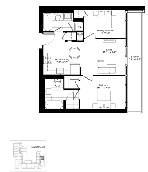 Floor plan for 2 beds, 2 baths, 645 sqft